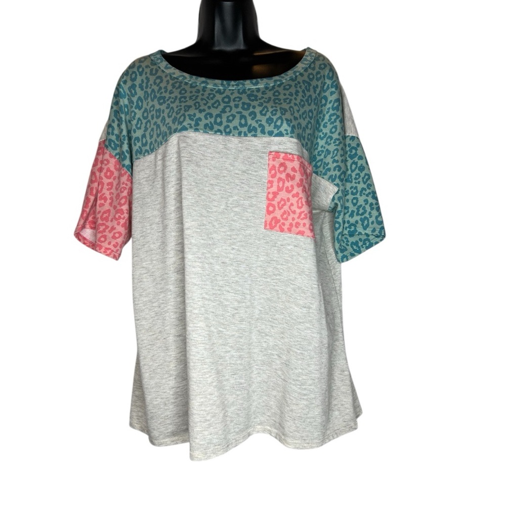 XL BiBi Pink/Grey/Teal Solid & Animal Print Oversized- Round Neck - Short Sleeve